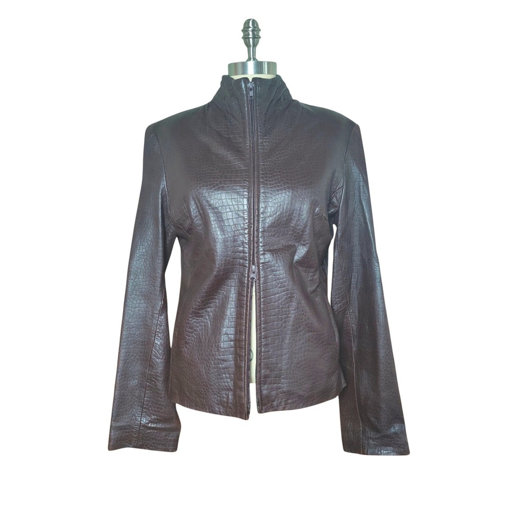 VTG Express Brown Croc Embossed Leather Jacket High Neck Moto Double Zip 9/10